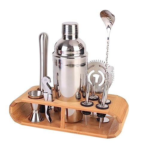 XHZMDWOU Coctelera para Bar Juego De Coctelería De Acero Inoxidable Juego De Coctelera De 750 Ml Juego De Camarero con Soporte De Madera Kit Coctelería para Hogar