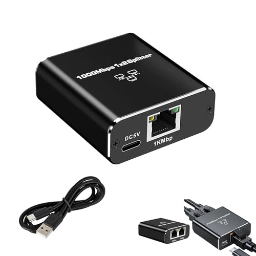 Switch Ethernet 2 Puertos, Splitter Ethernet 1 a 2, Duplicador RJ45 1000Mbps, Adaptador de Red LAN Gigabit para Ordenadores Routers TV Consolas, Compatible con Cat5/5e/6, Carcasa de Aleación Aluminio