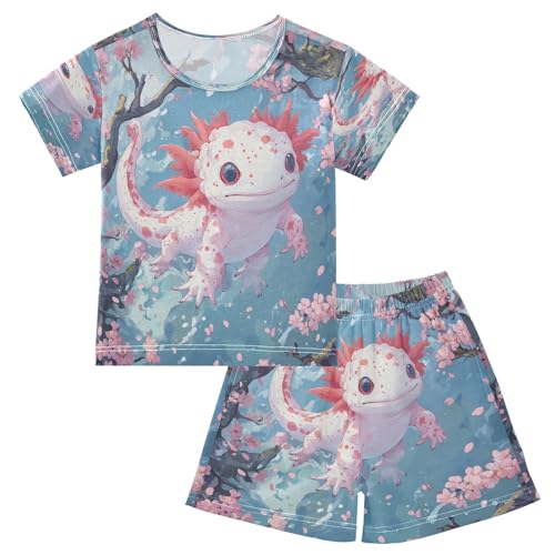Pajama Sets Short Sleeve Kawaii Axolotl Cherry Blossoms Soft Cotton Summer Sleepwear 2 Piece PJS Size 5-14T