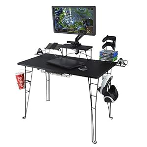 Atlantic Original Gaming Desk – Carbon-Fiber Laminated Desktop, Heavy-Duty Steel-Wire Legs, Elevated Monitor Platform, Tablet/Phone Stand, Speaker Stands, Video Game Gadget Rack, PN 33935701 – Black