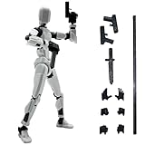 QAONIE (Assembly Completed) 3D Printed 5.54-inch Movable Robot Dummy13, Full Body Mechanical Doll, Hand Painted Figures, Desk Decoration, Creative Gifts(2gun, 1stick, 1knife) (White)