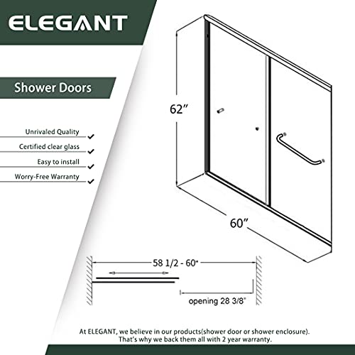 Elegant Bathtub Shower Door 60" W X 62" H Semi-Frameless Bypass Tub Doors Shower Doors Glass Sliding 60 Inches With 1/4" Clear Glass In Black Hardware Bathtub Sliding Doors #TOP5
