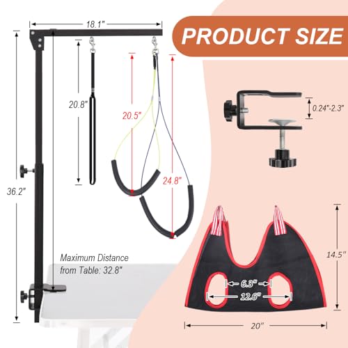 HIDOG Dog Grooming Arm with Clamp, Adjustable Dog Grooming Table Arm with Two No Sit Haunch Holder & Hammock Harness, Foldable Pet Grooming Supplies for Small and Medium Dogs - Image 3