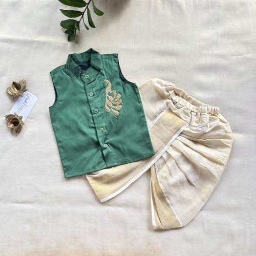 Image of Picksparrow Baby Boy Cotton Silk-Tissue Kasavu Cotton Shirt with Dhoti pant (Peacock-Sleeveless)