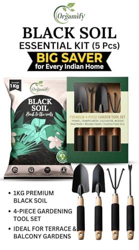 Image of Black Soil Essential Kit - Big Saver for Every Indian Home (4-Piece Gardening Tool Set + 1KG Black Soil)