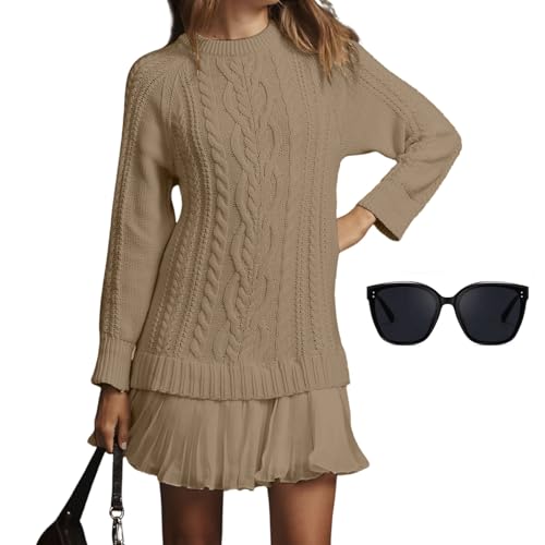 Women Crewneck Cable Knit Sweater Mini Dress, 2025 New Fall Long Sleeve Patchwork Pleated Slim Fit Pullover Dresses