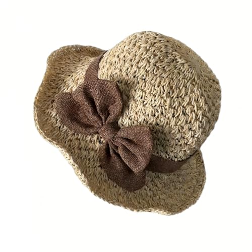Mounteps Elegant Woven Straw Sun Hat with Bow, Short Brim Foldable Breathable Handmade Sun Hat for Women, UV Protection Summer Beach Outdoor Sun Hat (Beige)