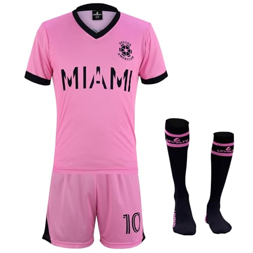 Levelty Youth Soccer Jersey Kids, Boys & Girls Messi Football Fan Jersey 3-Pack Uniform T-Shirt, Shorts & Sock (Pink, Miami 12)