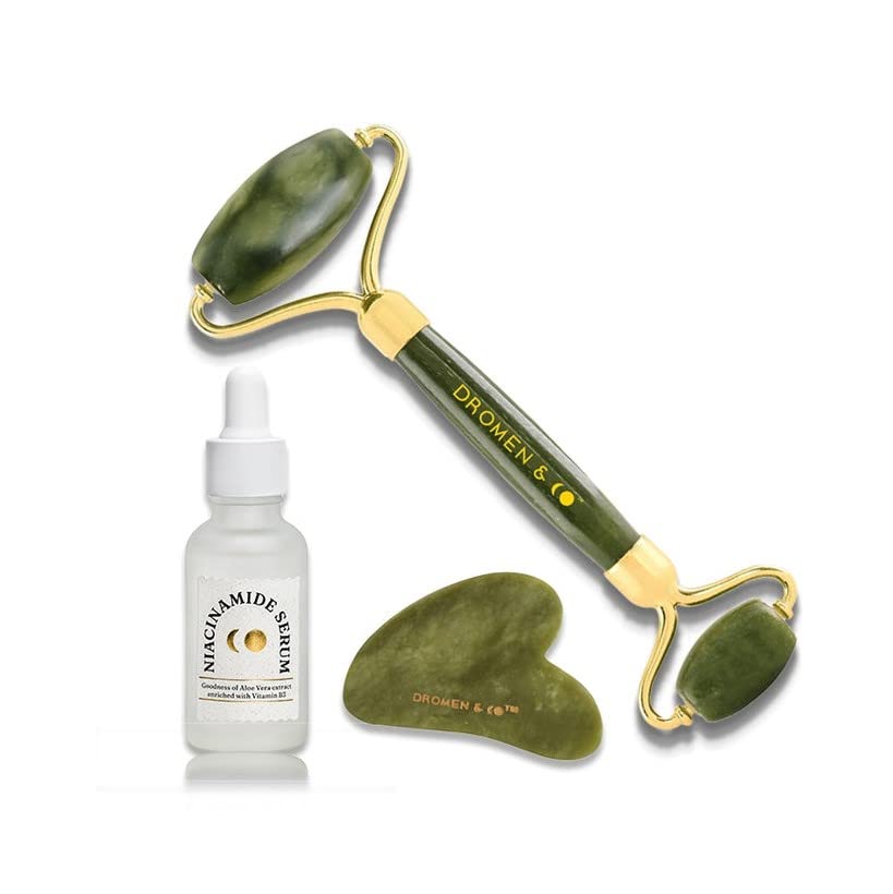 Dromen & Co Megawatt Glow Combo of Jade Facial Roller, Jade Gua Sha & Niacinamide Serum