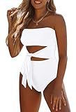 Viottiset Women's Bandeau One Piece Swimsuit Strapless Tie High Cut Out Bathing Suit White Small