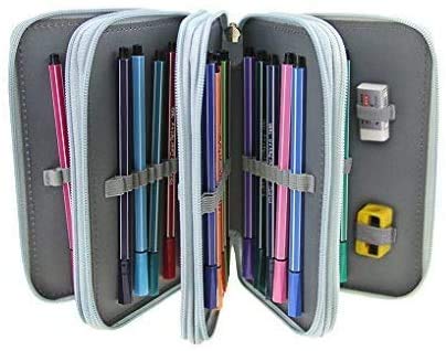 Astuccio per matite di grande capacità, con 72 posizioni, in tessuto Oxford, multistrato, con cerniera, per ragazzi, ragazze, studenti, scuola, ufficio, arte Misura unica Grey + Navy Blue