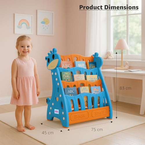Image of Amazon Brand - Jam & Honey Animal Theme Bookshelf for Kids|4-Tier Display Rack |Storage|Organizing|Kids Bookcase|Perfect for Home,Play-Schools,Nursery|Easy Assembly| Compact|Plastic,Blue Orange