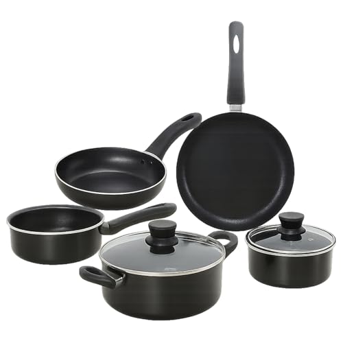 Image of Amazon Brand - Solimo Non-Stick 5-Piece Cookware Set | Induction & Gas Compatible | Aluminium Construction | Includes Saucepans, Frypans & Casserole with Glass Lids