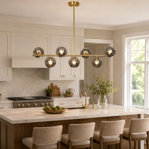 Image of KCO Mid Century Modern 7 Light Brass Gold Linear Sputnik Chandelier | 31.5 inch Rod for Sloped Ceiling 7W 3000K E26 Bulb Included, Smoke Gray Glass Globe Pendant Light Fixture for Kitchen Dining Room