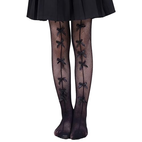 LOLANTA 2-Pack Girls Fishnet Tights, Sparkle Rhinestone Pantyhose for Kids Hollow Out Dance Footed Leggings, Black Bow Garland, 8-13 Years, XL
