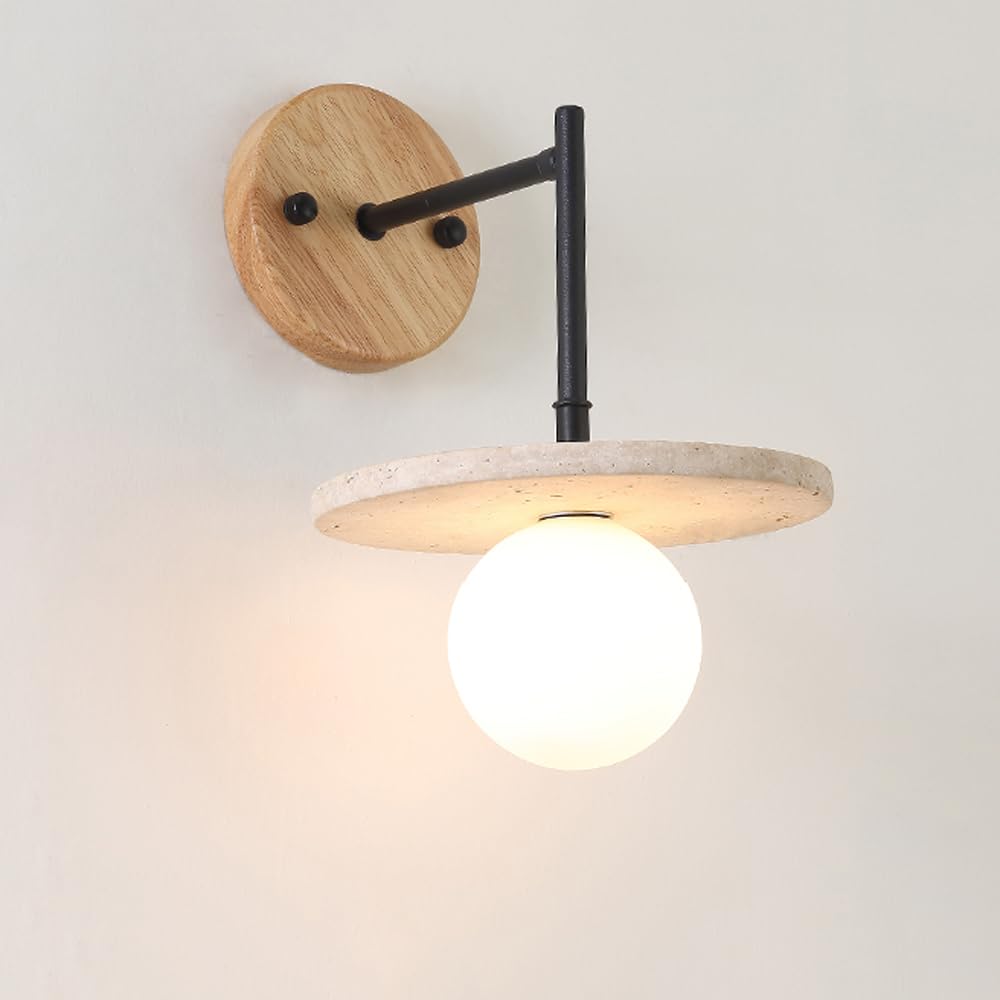 Mid Century Wall Sconce for Bedroom Wood Natural Stone Wall Sconce . Milk Glass Wall Light Fixture Rustic Industrial Wall Mounted Lamp for Bedside Farmhouse Porch Hallway Bathroom(Log color)