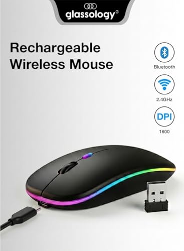 Image of Glassology 2.4GHz Wireless + Bluetooth Mouse, Multi-Device Dual Mode Slim Rechargeable Silent Click Buttons Wireless BT Mouse, Adjustable DPI 800-1200-1600 (Black)