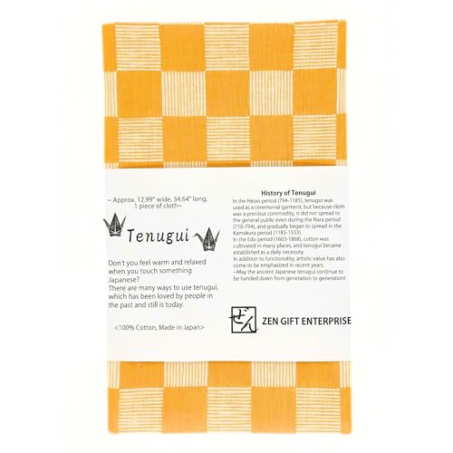 Japanese Tenugui Towel, 34.64"L x 12.99"W, Checkered Golden Yellow