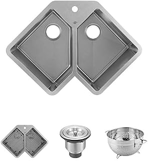 DAX Handmade Corner Double Bowl Undermount Kitchen Sink, 16 Gauge Stainless Steel, Brushed