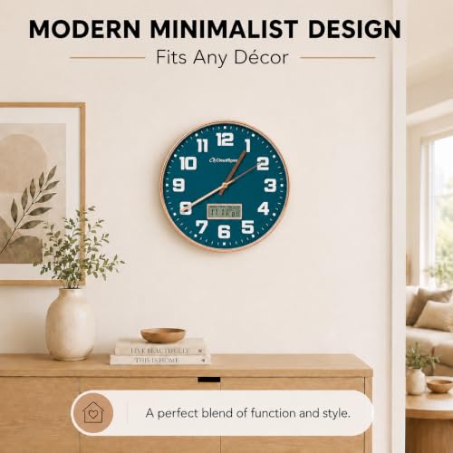 Image of Cloud Space 12 inch Silent Wall Clock Battery Operated, Non Ticking Modern Wall Clock with LCD Calendar & Fahrenheit Temperature Display, Easy-to-Read Kitchen Bedroom Office Living Room Wall Clock