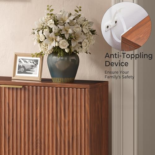 Hootata 47.2\'\'W Walnut Shoe Storage Cabinet for Entryway with 4 Flip Drawers, Fluted Slim Shoe Cabinet, Free Standing Wooden Shoes Organizer for Foyer, Hallway