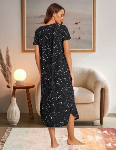 Ekouaer Stars Above Pajamas Dress Women Lightweight Long Nightgowns Short Sleeve Sleepshirts Nightwear Lightweight Casual Night Dress Black Star L #TOP4