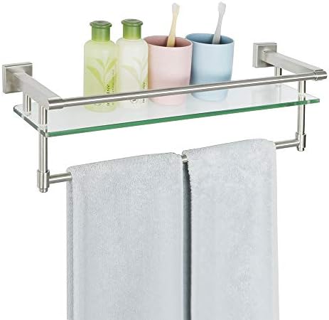 Alise Bathroom Shelves Glass Shelf with Bar,Wall Mount Floating Shelves for Bathroom,Tempered Glass Rack Holder Storage Organizer,SUS304 Stainless Steel Brushed Nickel