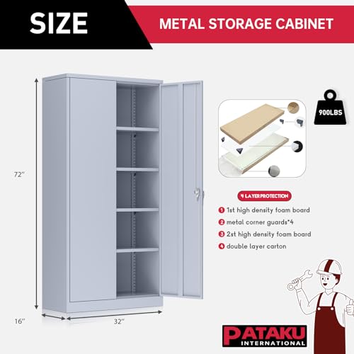 Pataku Garage Storage Cabinet Metal Locking Cabinet 5-Layer with Door Steel Multifunctional Storage Cabinet with 4 Adjustable Shelves, Black Tool Cabinet for Home, Office, Warehouse (Grey)… - Thumbnail 2