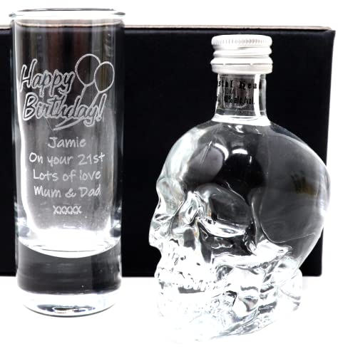 Personalised Engraved Tall Shot Glass & Miniature Alcohol Gift Set For Son's 18th Birthday & Daughter's 21st Birthday - Birthday Design (Crystal Head Vodka)