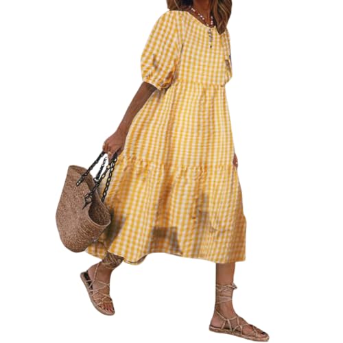 chouyatou Women's Retro Lantern Puff Sleeve Plaid Dress Gingham Swing Tiered Midi Long Dress (Medium, Plaid Yellow)