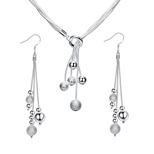 925 Sterling Silver Beaded Tassel Y-Shape Necklace and Dangle Drop Earring Bridal Wedding Jewelry Set for Women (Beaded Tassel Necklace and Earring 2pcs Set)