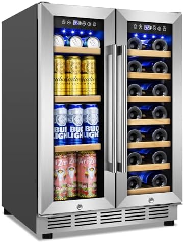 Wine and Beverage Refrigerator, 24 Inch Beverage Cooler Dual Zone with Glass Door, Built-in/Freestanding Beverage Fridge with Upgraded 20 Bottles and 60 Cans Large Capacity