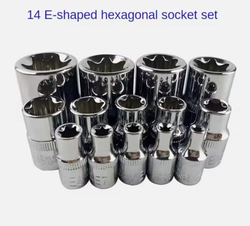 14 PCS E Torx Star Socket Set, Torque Socket Set 1/4" 3/8" 1/2" Drive External E4 - E24 Chrome Vanadium Steel Tools Kit with Case for Fasteners Removal in Motorcycle Car Vehicle