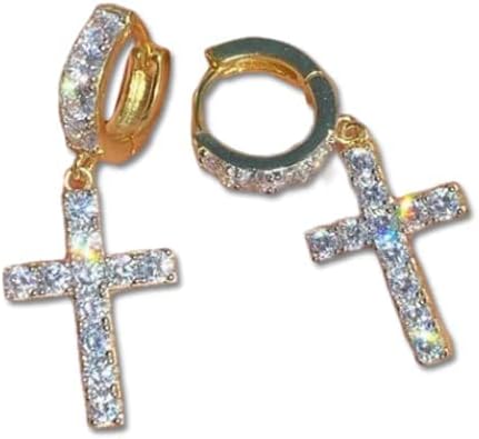 ICED MOISSANITE 14K GOLD VERMEIL 925 SILVER DANGLE CROSS STUD EARRINGS 2CT (1.5” (2.1ct), White Gold)