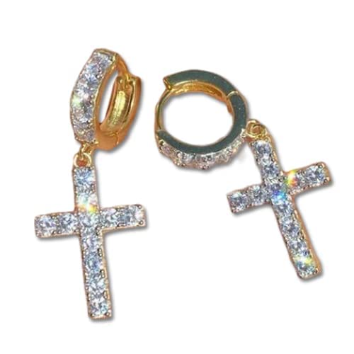 Iced Moissanite 14K Gold Vermeil 925 Silver Dangle Cross Stud Earrings 2Ct (1.5” (2.1Ct), White Gold) #TOP1