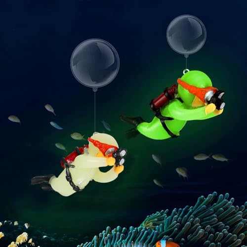 MHYGKTXRA 2-Pack Glow in Dark Tank Decorations, Cute Little Diver, Aquarium Decoration Accessories Ornaments with Float Ball, for Tanks (White& Green)