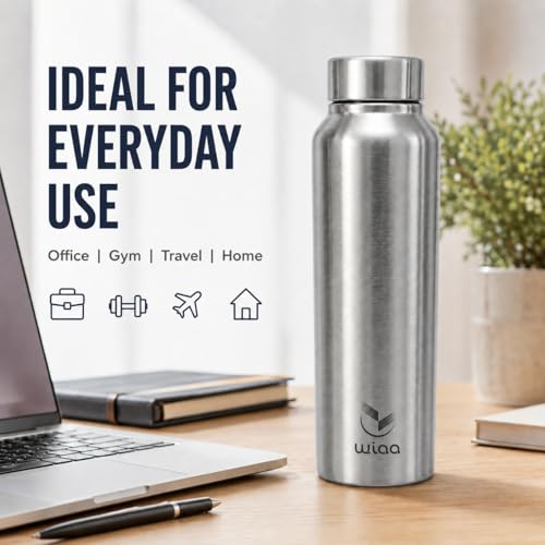Image of Stainless Steel Water Bottle 1 Litre | Single Wall, Leak Proof Fridge Bottle with Wide Mouth | Office, Gym, School, Travel & Home (CLASSIC | 3PC SET)