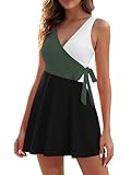 ZAFUL Women's One Piece Swimdress Swimsuit Color Block V Neck Wrap Tie Side Skirt Bathing Suits