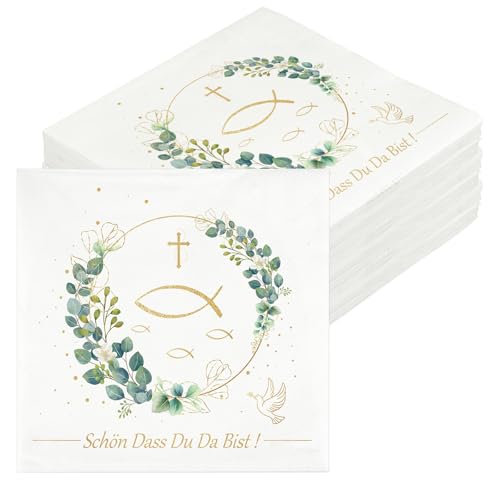 40 St&uuml;ck Servietten Kommunion, Wei&szlig; Servietten Sch&ouml;n Dass Du Da Bist 3-Lagige, Kommunion Deko Eukalyptus Fisch, Konfirmation Tischdeko f&uuml;r Taufe Hochzeit Geburtstag 33 x 33cm
