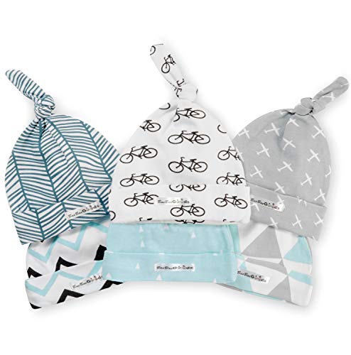 BaeBae Goods Baby Beanies – Newborn Baby Hats 6 Pack – Adjustable Baby Hats in Stylish, Unisex Designs – Baby Boy Hats with Top Knot – Stretchy Newborn Hats for Boys and Girls – Infant Caps Blue