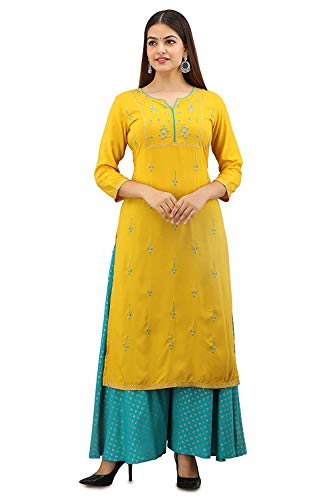 Dream Angel Fashion Damen Rayon besticktes Kleid Kurta mit Palazzo, gelb, 46 Cover