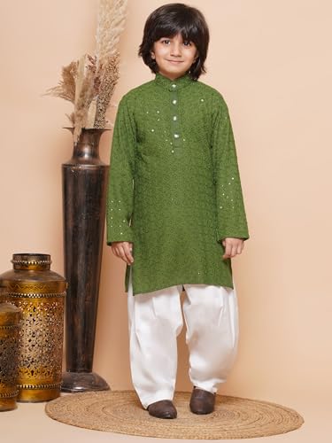 Image of AJ DEZINES Kids Kurta Pajama Set For Boys | Embroidery Chikankari Kurta Set | Traditional & Festive Outfit | Cotton Stylish Boys Kurta Pyjama | Perfect For Festivals Wedding & Family Function