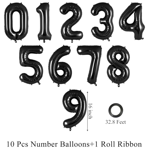 Image of 16 Inch Number 0-9 balloons, Black Number Foil Balloons, Small Mylar Numbers Balloon Custom Digital Balloons for Birthday Aniversary Baby Shower Party Decorations Supplies