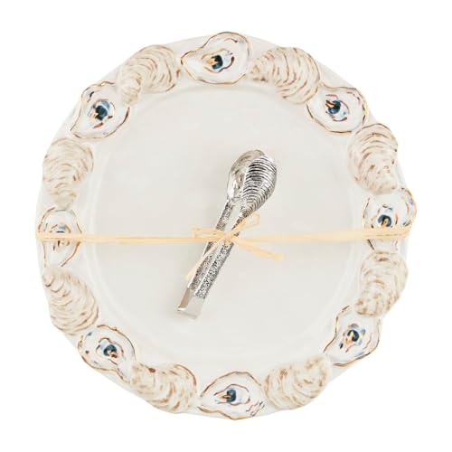 Mud Pie Oyster Round Platter; platter 12" dia | tongs 5 1/2"