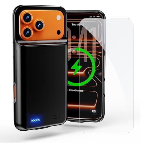 Coque batterie iPhone 17 Pro Max anti-panne avec verre blindé noir
