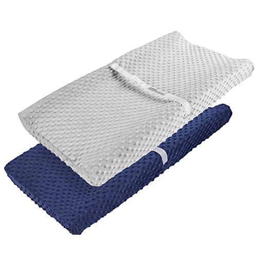 Image of Changing Pad Cover, AceMommy Ultra Soft Minky Dots Plush Changing Table Covers Breathable Changing Table Sheets Wipeable Diaper Changing Pad Cover for Infants Baby Boy Blue/Grey (2 Pack)