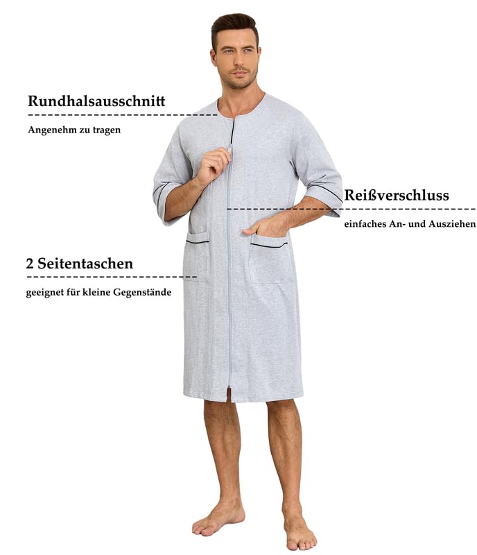 COLORFULLEAF Peignoir léger 100 % coton pour homme avec fermeture éclair en sauna, peignoir pour homme avec poche