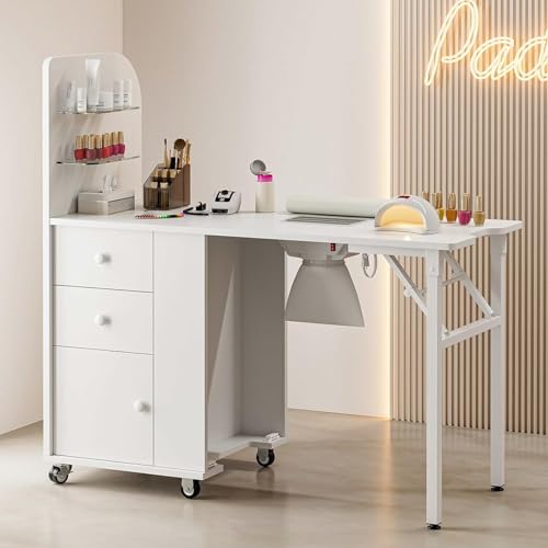 Paddie Foldable Manicure Nail Table with Glass Shelf, Folding Nail Tech Desk w/Dust Collector, 2 Open Shelves & 2 Drawers, Wrist Pad, Lockable Wheels, Storage Desk for Nail Tech（White）