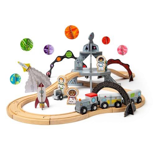 Bigjigs Rail Circuit Train Spatial | Circuit en Bois 40 pièces pour Tout-Petits | Station Montessori | fusée futuriste & astronautes | Bois certifié FSC | Jeu Galactique | Cadeau éducatif dès 3 Ans