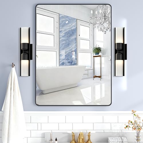 Krymnar 40x30 Bathroom Vanity Mirror Over Sink Black Rectangular Aluminum Frame with Rounded Corner(Small-Radius) HD Shatterproof Glass & Rust-Proof Wall Mirror for Bedroom Living Room Entryway